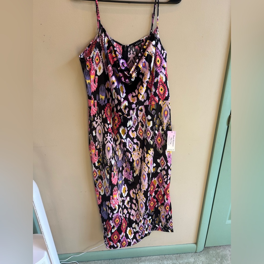VENUS Black Slip Dress with Pink, Purple and Cream Floral-Geometric Print